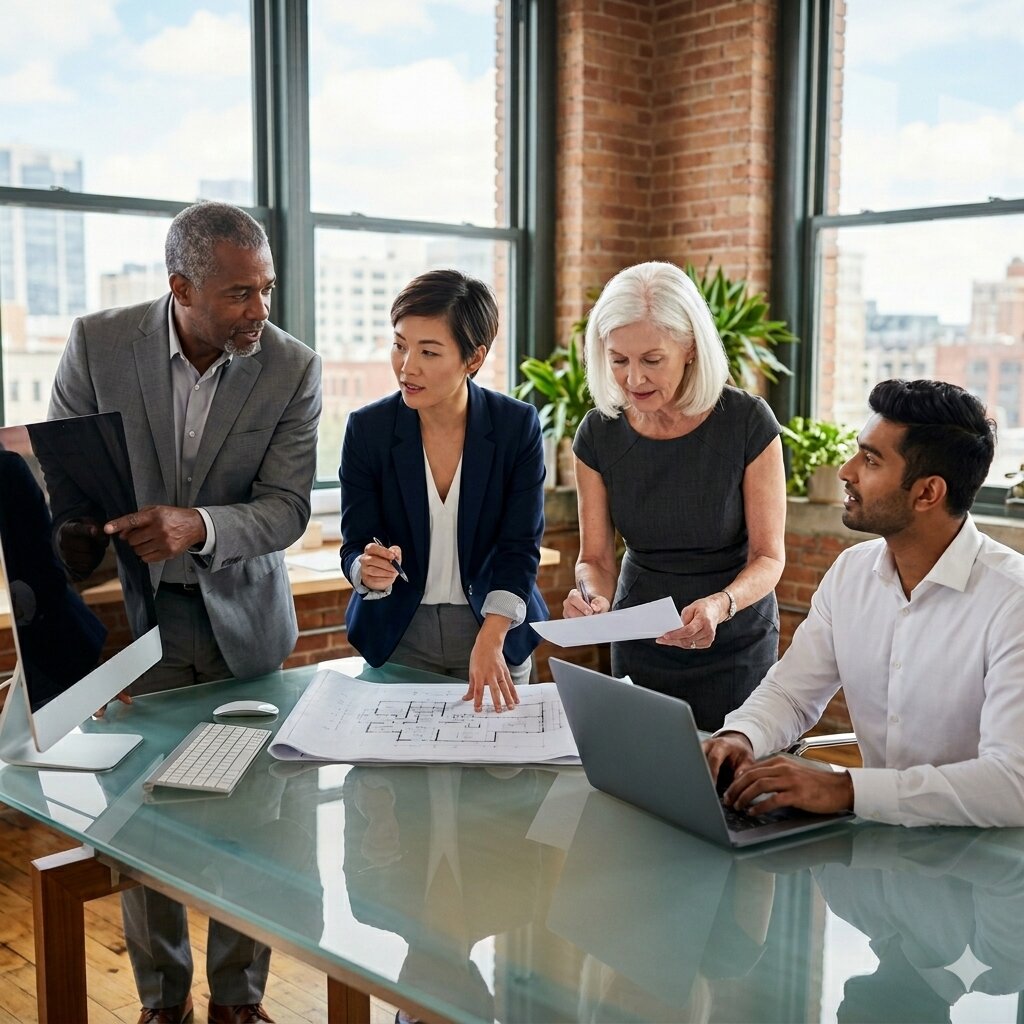 Strata committee members reviewing documents in a Sydney apartment building